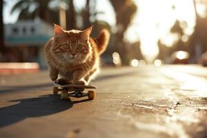 AI generated Skateboarding cat. Funny cat rides skateboard on the street in summer city photo