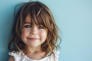 ai generado retrato fotografía de un satisfecho niño niña en contra un ligero azul antecedentes foto