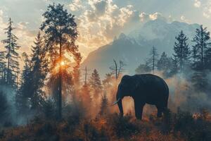 AI generated elephant in the forest, Wildlife background, silhouette elephant in the forest photo