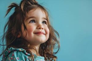 AI generated portrait photography of a pleased child girl against a light blue background photo