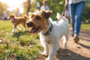 ai generado propietario y perro caminando en jardín desenfocado fondo, perro caminante, mascota y propietario foto