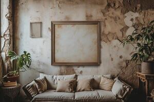 AI generated Mock up canvas poster on molding wall in minimal living room photo