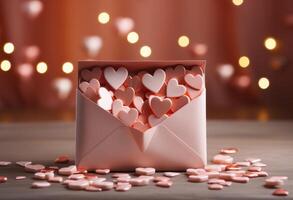 AI generated an envelope on pink and white background with hearts inside, photo