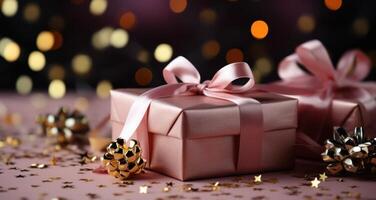 AI generated a pink gift box surrounded by gold confetti and pink bows on a pink background, photo