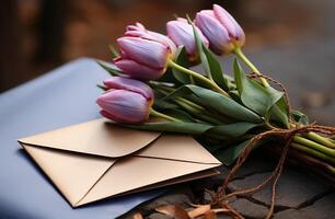 AI generated a pink tulip sitting an envelope and a note, photo