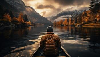 AI generated a man in a boat paddling on a lake during autumn, photo