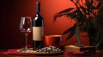 AI generated a pair of glasses, a bottle of wine and a gift on top of a red background, photo