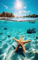 AI generated starfish in a clear turquoise sea that is bordered photo