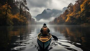 AI generated a man in a boat paddling on a lake during autumn, photo