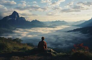 AI generated a man is standing on the top of mountains, photo