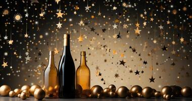 AI generated a bottle of champagne and stars are floating on a beige background, photo