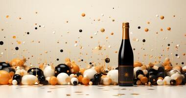 AI generated a bottle of champagne and stars are floating on a beige background, photo