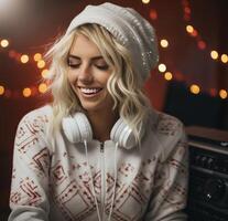 AI generated a woman wearing a christmas jumper and listening to music isolated photo