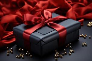 AI generated a black gift box and bow on a black red background, photo