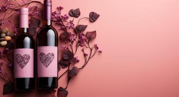 ai generado un vino botella en un rosado antecedentes con corazones y chocolate en él, foto