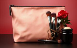 ai generado cosmético maquillaje bolso con accesorios, productos cosméticos en un rosado fondo, foto