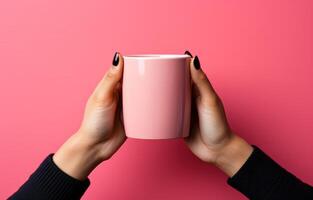 AI generated a woman's hand holding up a cup against a pink wall, photo