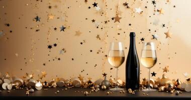 AI generated champagne bottle, stars and champagne flutes on beige background, photo