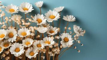 ai generado manzanilla flor en pastel antecedentes con Copiar espacio foto