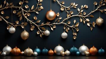 AI generated christmas branch and balls on dark background, photo