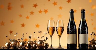 AI generated champagne bottle, stars and champagne flutes on beige background, photo