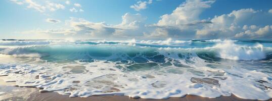 ai generado aéreo ver de Oceano olas en azul aguas Oceano foto