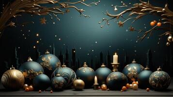 AI generated christmas branch and balls on dark background, photo