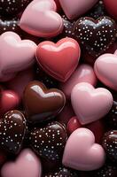 ai generado chocolate corazones en un rosado fondo, foto