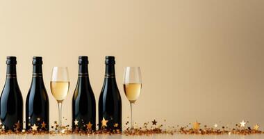 AI generated champagne bottle, stars and champagne flutes on beige background, photo