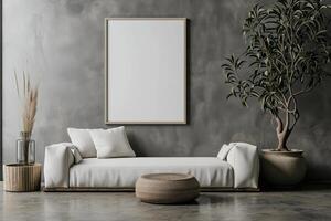 AI generated Mock up canvas poster on molding wall in minimal living room photo