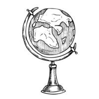 Vector illustration of Globe. Hand drawn sketch of vintage model of earth on wooden stand. Drawing of retro map painted by black inks for science or education. Black linear sketch for icon or logo