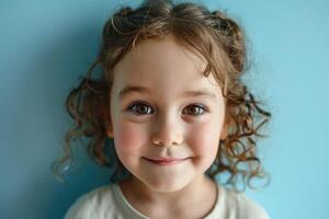 ai generado retrato fotografía de un satisfecho niño niña en contra un ligero azul antecedentes foto