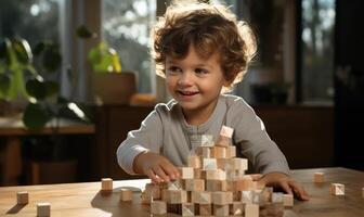 AI generated father and boy play with blocks photo