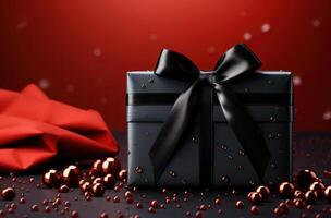 AI generated black gift with red ribbon on red background photo