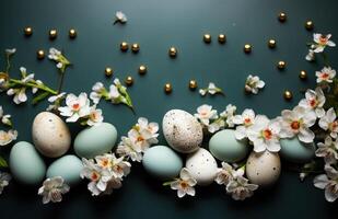 ai generado Pascua de Resurrección huevos en un verde tablero con flores Pascua de Resurrección foto