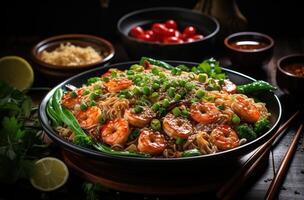 AI generated asian noodles in a bowl with chopsticks and shrimp on a dark surface, photo