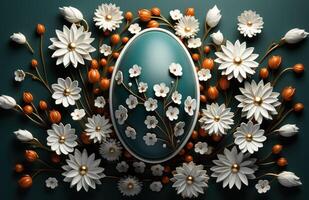 AI generated easter egg with white daisy, baby breath, and orange flowers on a dark green background photo