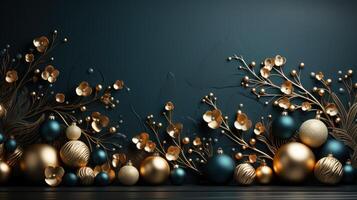 AI generated christmas branch and balls on dark background, photo