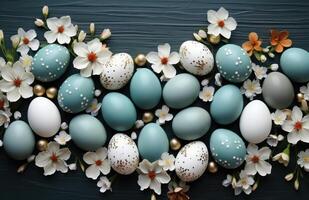ai generado Pascua de Resurrección huevos en un verde tablero con flores Pascua de Resurrección foto