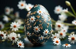 AI generated easter egg with white daisy, baby breath, and orange flowers on a dark green background photo