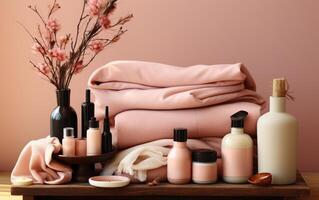 AI generated beauty product items are displayed on a pink background, photo