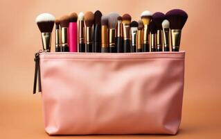 AI generated makeup bag over pink background empty make up cosmetics pouch with cosmetics on top, beige photo