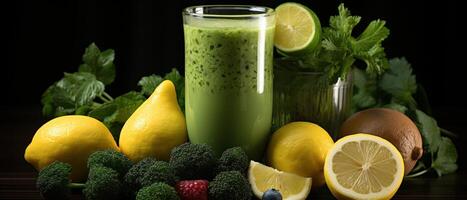 AI generated green smoothie near fresh foods, photo