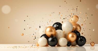 AI generated gold balloons, champagne bottle and confetti on a beige background, photo