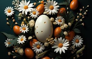 AI generated easter egg with white daisy, baby breath, and orange flowers on a dark green background photo