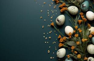 AI generated eggs, flowers and grass in the middle of a green table, photo