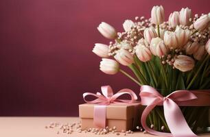 ai generado regalo caja con rosado cinta y del bebe aliento, rosado tulipanes, y rosado flores foto