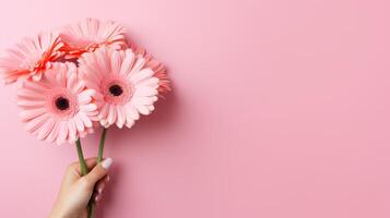 AI generated gerbera flower on pastel background with copy space photo
