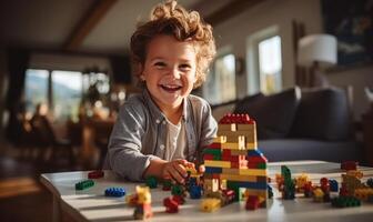 ai generado contento familia hombre con su hijo jugando en el mesa foto