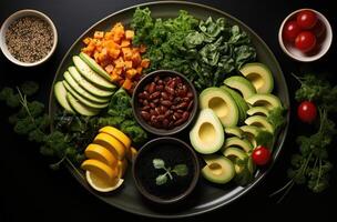 AI generated healthy foods with avocado and coconut oil on a plate, photo